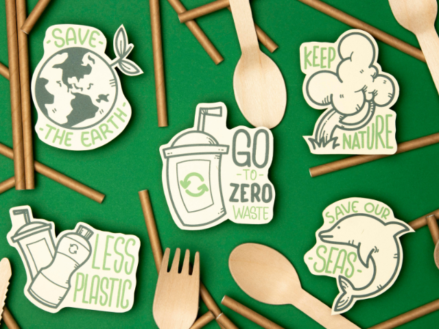 A collection of eco-friendly stickers with phrases like "Save the Earth," "Go to Zero Waste," and "Save our Seas" placed on a green background surrounded by wooden utensils.