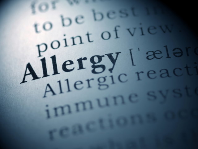 A close-up of the word "Allergy" and its definition in a dictionary, slightly highlighted.