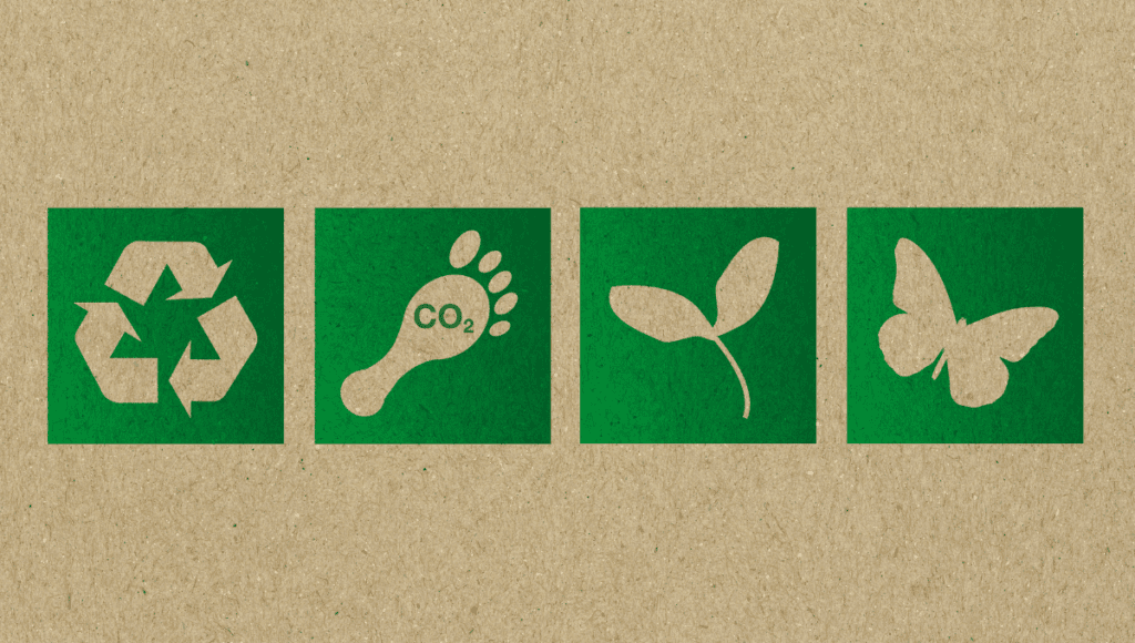 Eco-friendly symbols representing recycling, carbon footprint, plant growth, and a butterfly on a textured background.