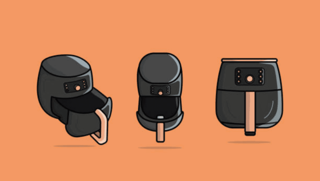 Cartoon illustrations of an air fryer from three angles on an orange background.