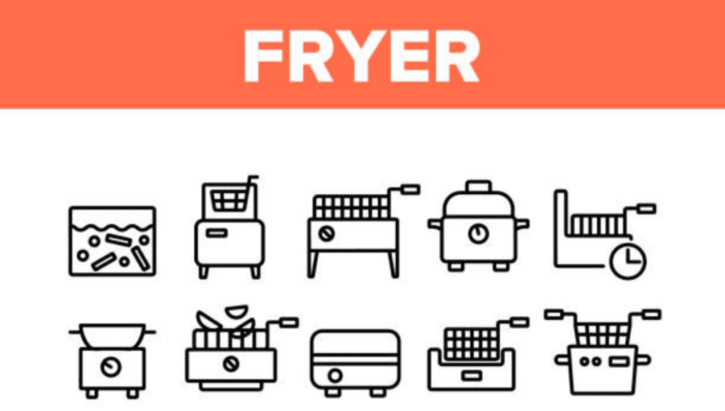 A set of illustrated icons depicting different types of fryers, including deep fryers and air fryers.