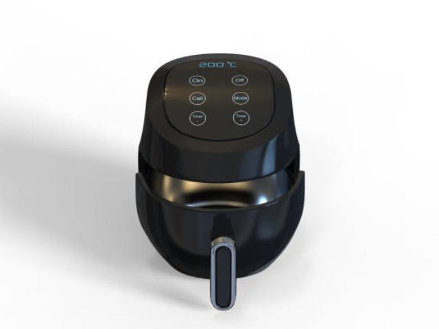 A black air fryer with a digital display showing temperature and various control options.