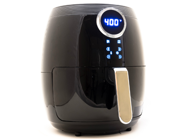 A black air fryer with a sleek design, displaying a temperature of 400°F on the digital screen.