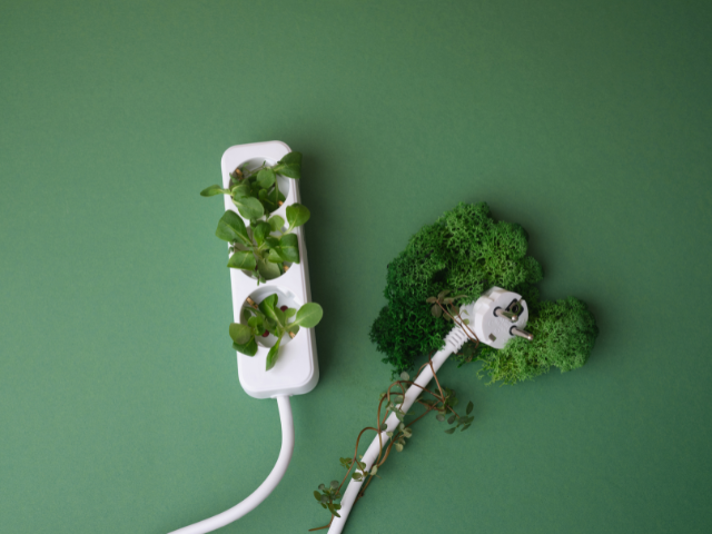 A white power strip with plants growing out of its sockets, symbolizing eco-friendly energy usage.