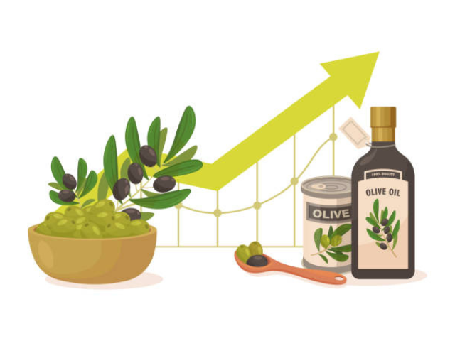 A graphic illustration of olive oil bottles, olives, and an upward arrow representing growth in the olive oil market.