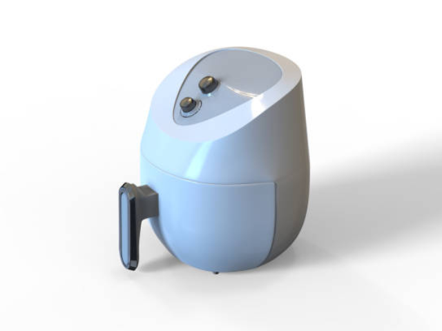 A gray air fryer featuring manual knobs for temperature and timer settings.