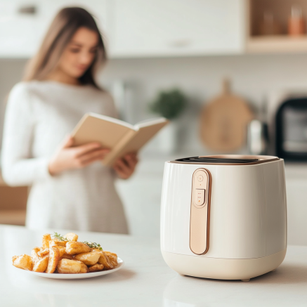 Energy-efficient air fryer cooking with a woman