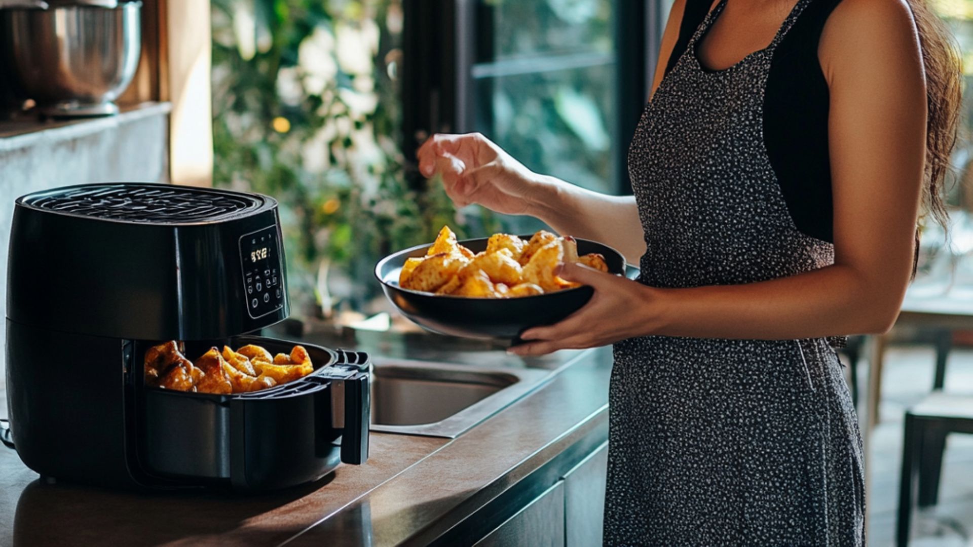 woman cooking chicken and fires in an air fryer