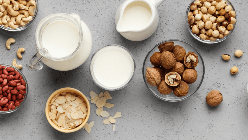 Variety of Nuts and Milk in the Table