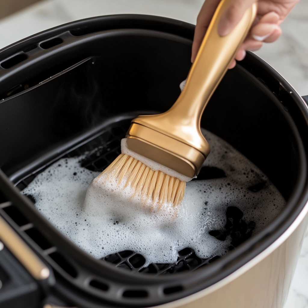 brushing and cleaning an air fryer basket