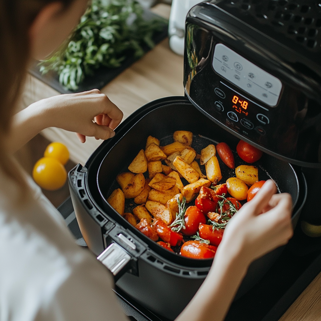 person cooking healthy foods in an air fryer