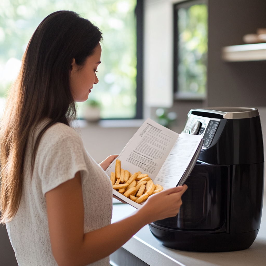 woman checking air fryer manual to check correct temperature