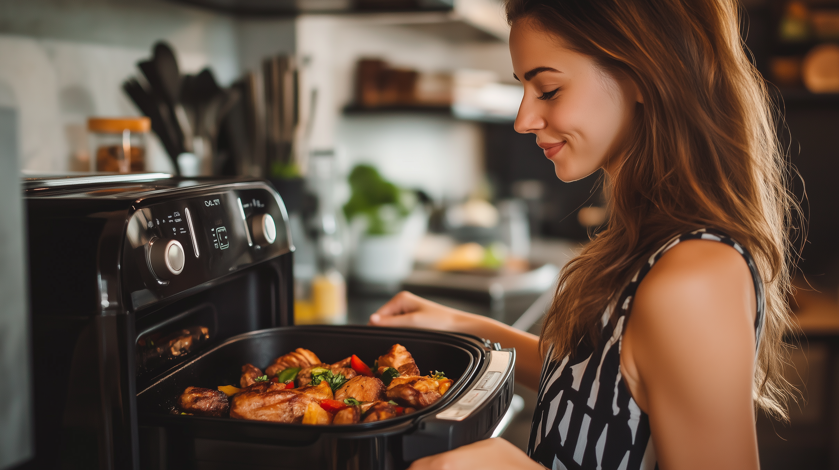 woman using air fryer